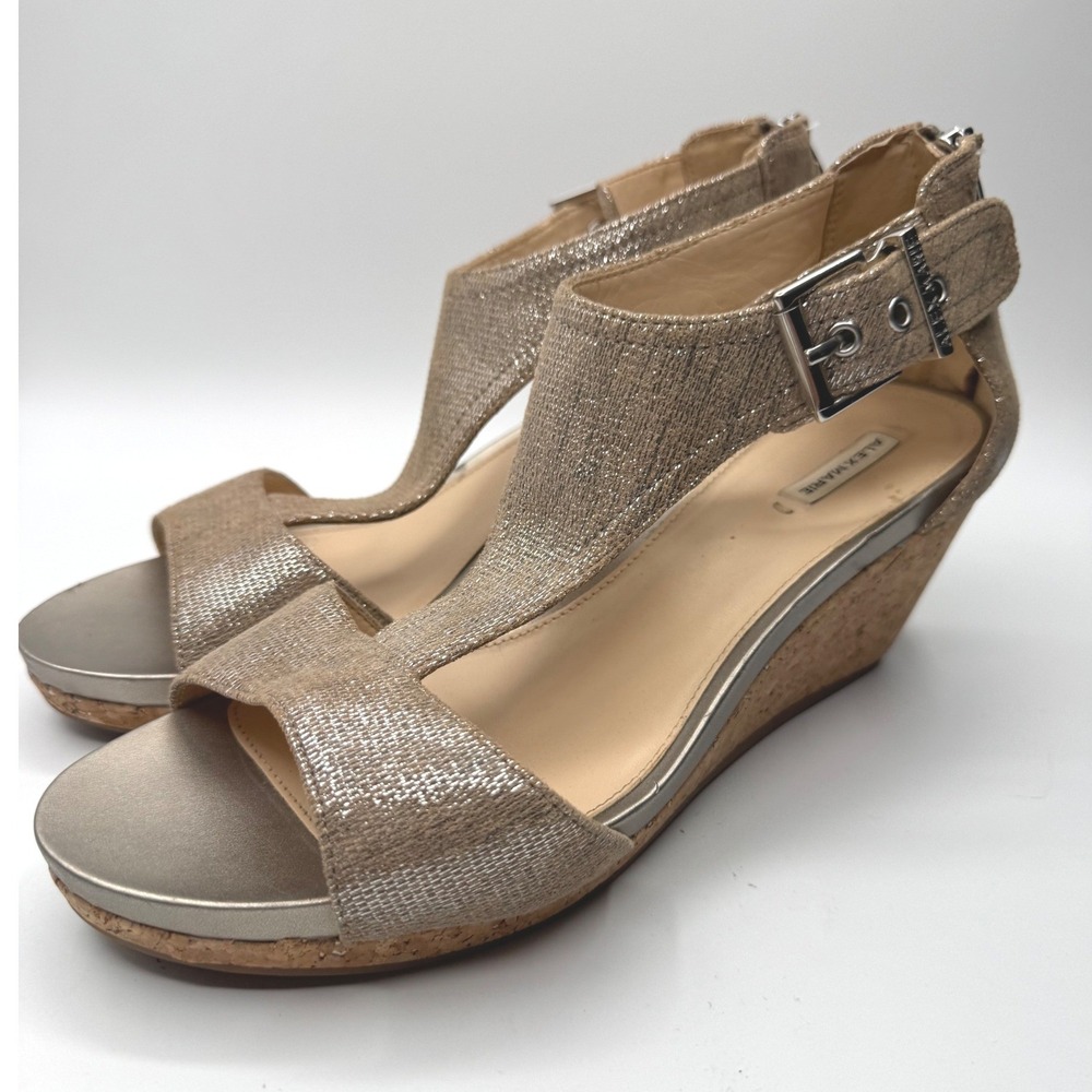 Alex Marie Metallic Gold T-Strap Cork Wedge Sandals Champagne size 9